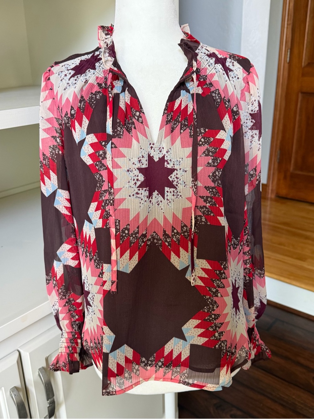 LOFT Pink and Burgundy Geometric Tie-Neck Blouse